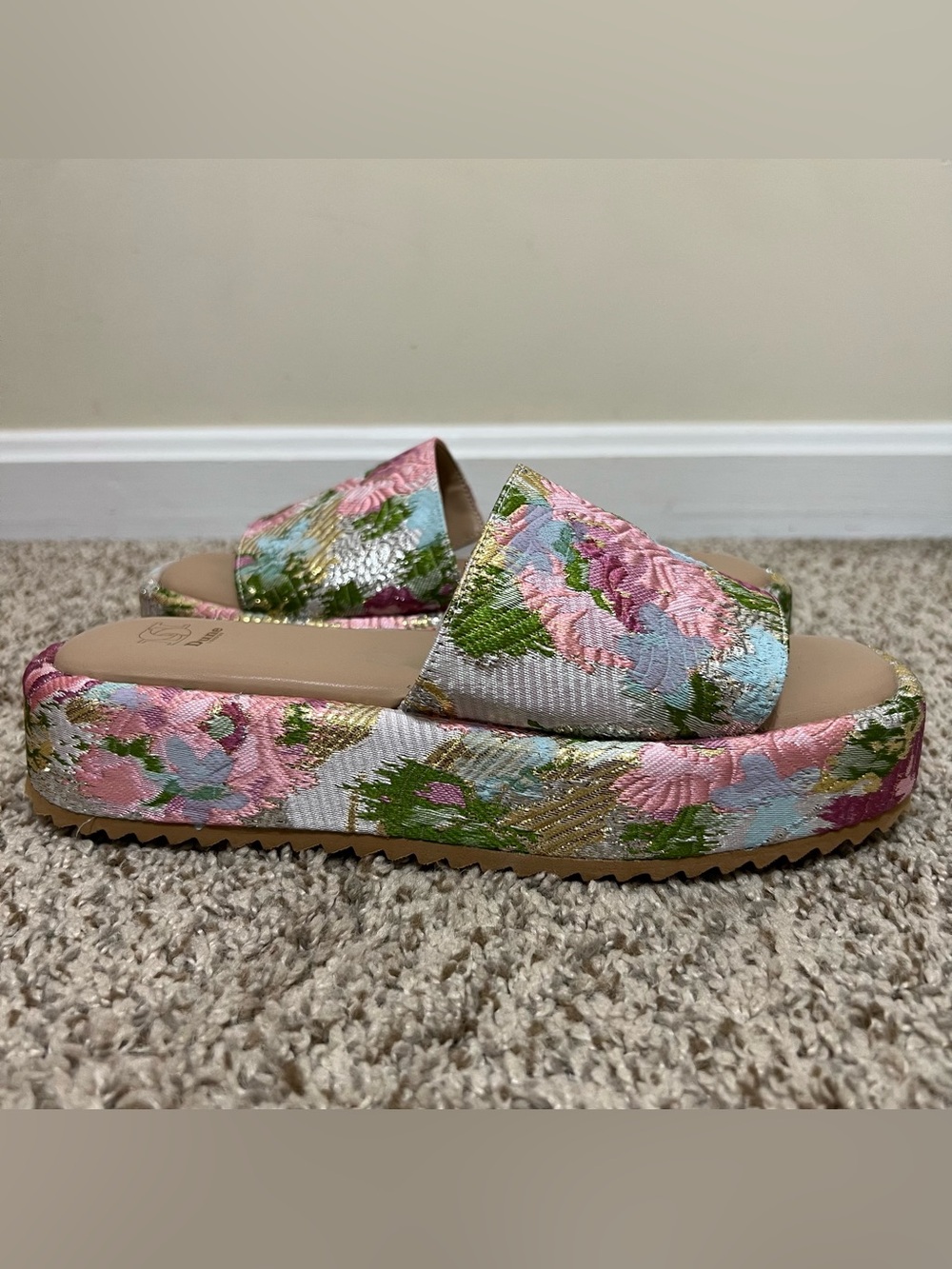 Dune London Lanie Platform Slide Sandal Floral Jacquard Size 37 US 7